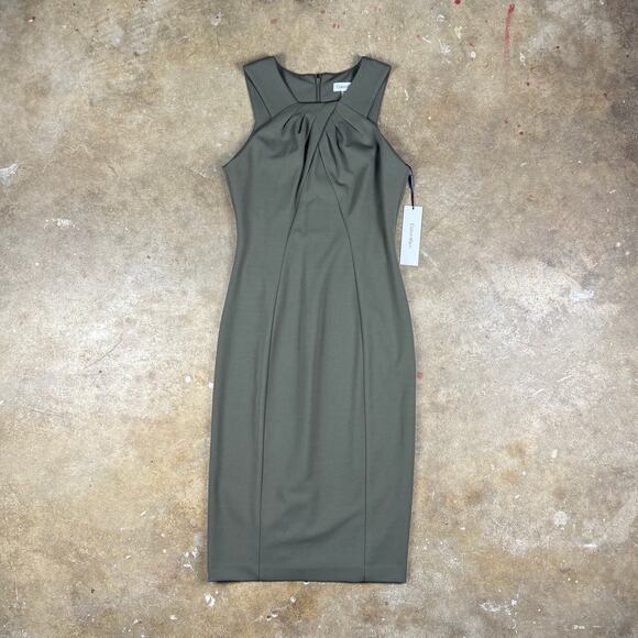 Calvin Klein Halter Neck Sheath Dress Women’s Size 4 Olive Green Pleated NWT - Picture 1 of 14